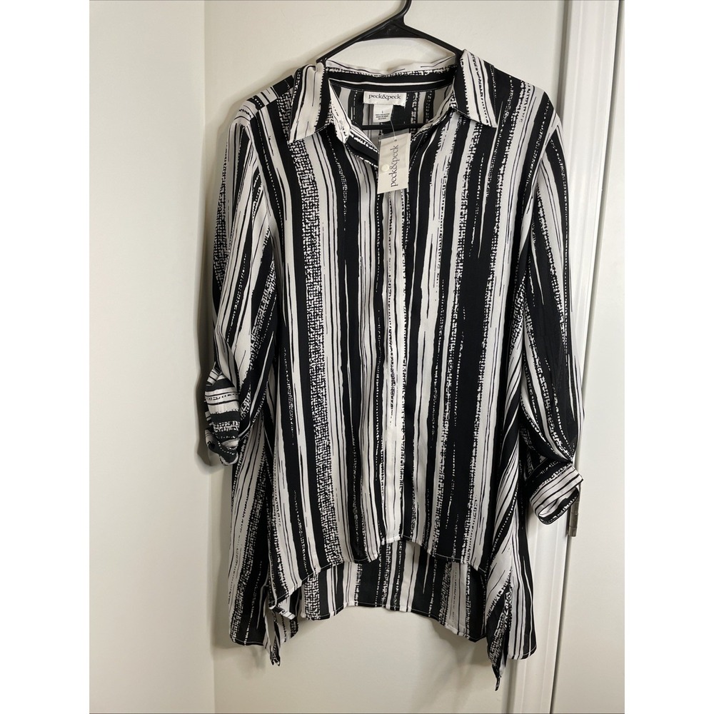 Peck & Peck Tunic Top Women's L Black White Striped Coastal Minimalist